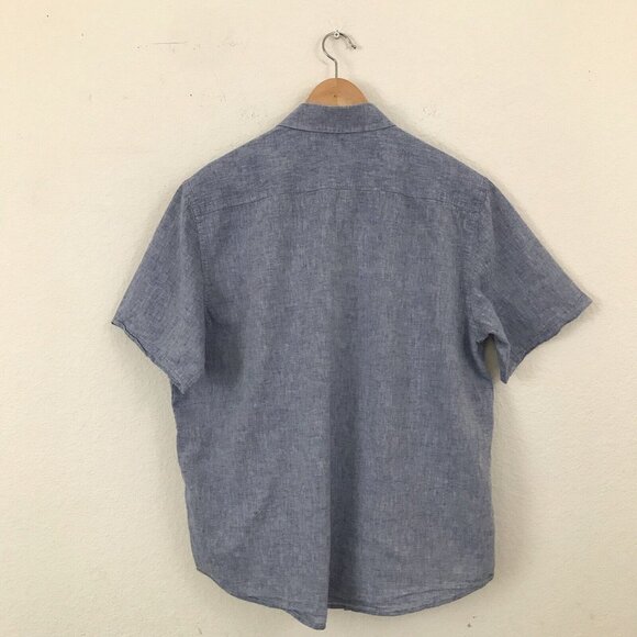 Ike Behar Short Sleeve Linen/Cotton Button Down Blue Shirt | size L - Picture 3 of 11